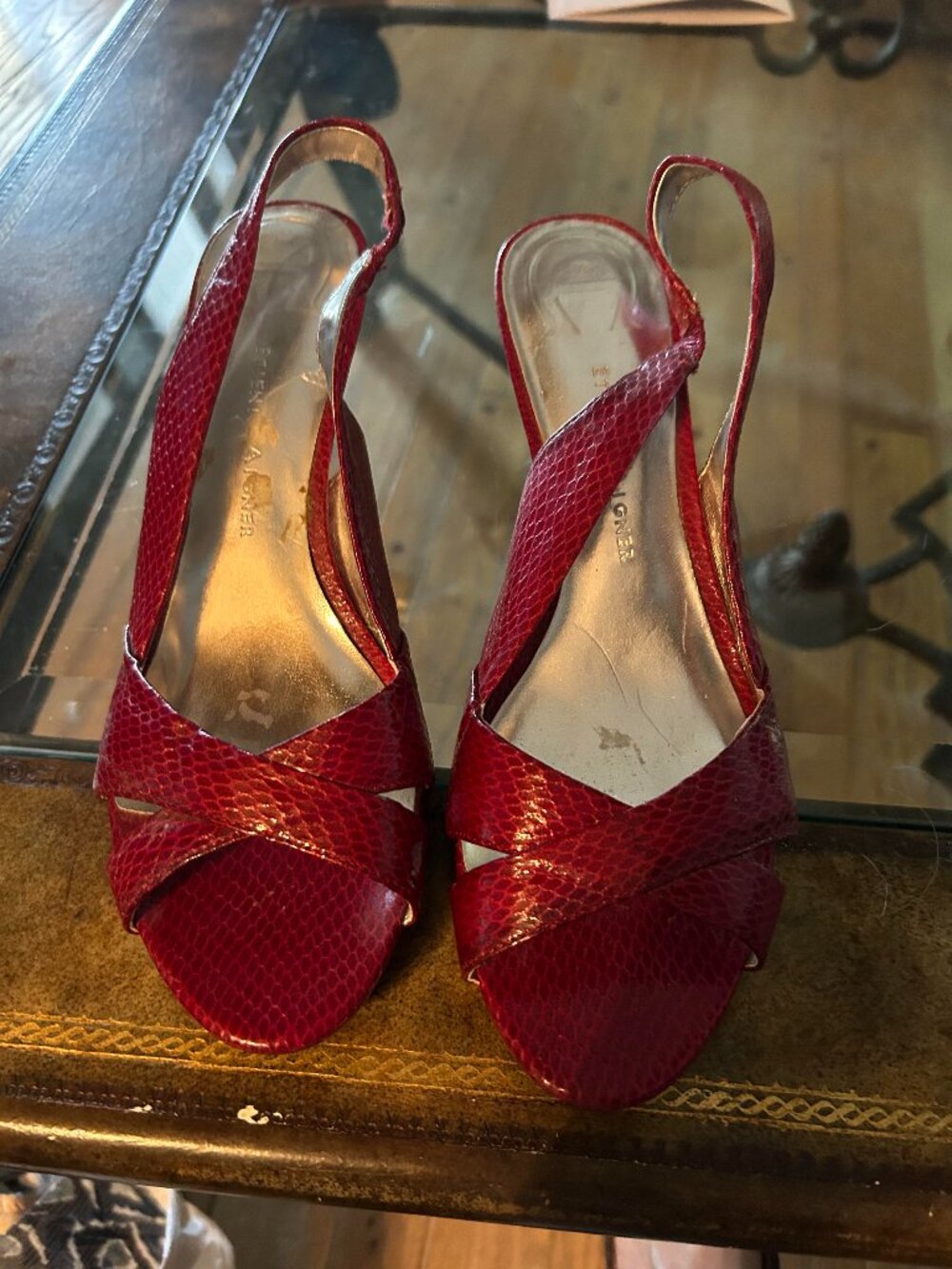 Etienne Aigner Red Textured Slingback Crossover Snake-Skin Heels